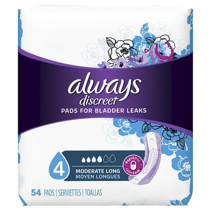 Always Discreet Incontinence Pads for Women Moderate, Long, 108 Ct (54 x 2)