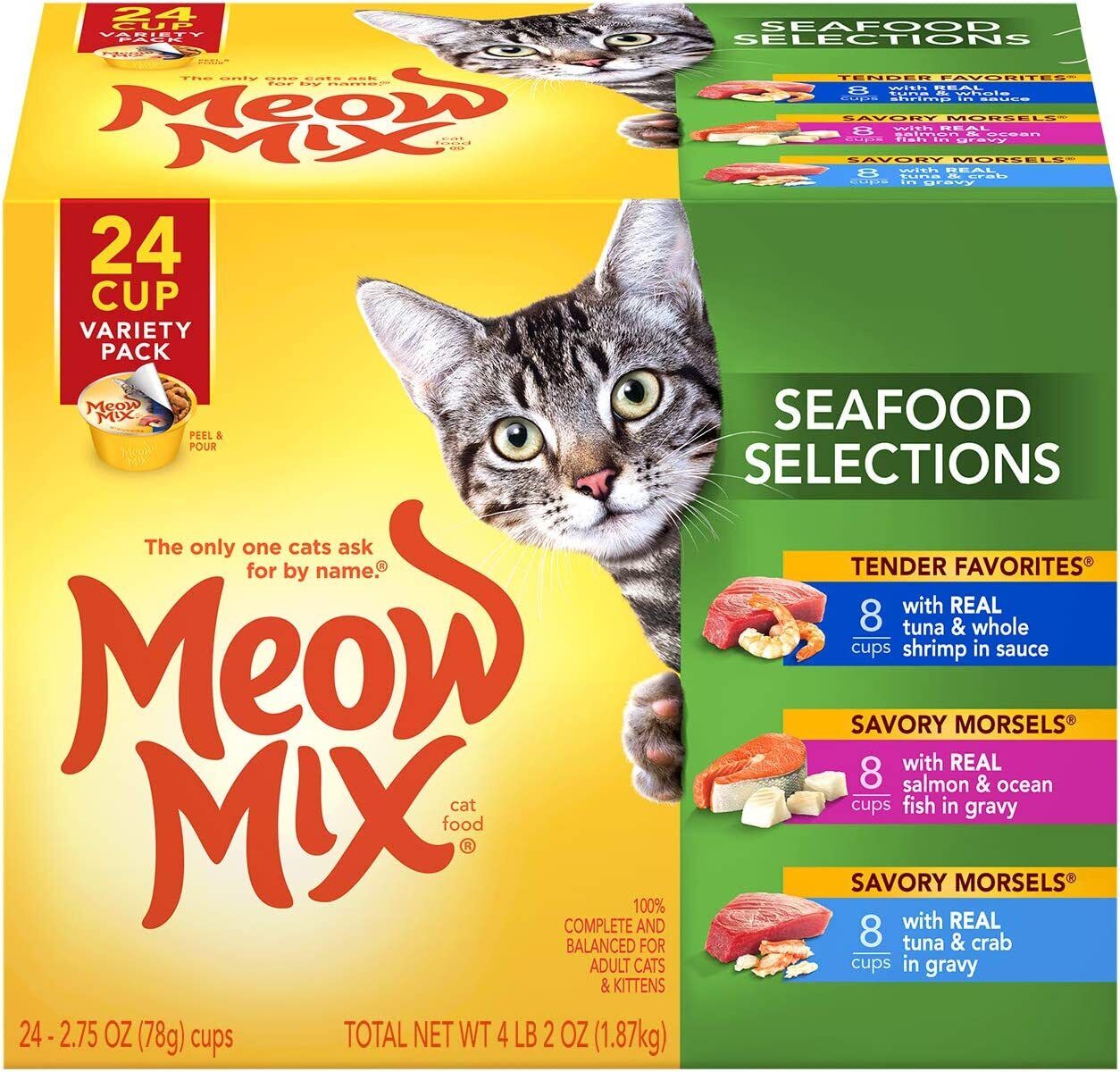 Meow Mix Seafood Selections Savory Morsels Variety Pack Wet Cat Food, 24 Cups