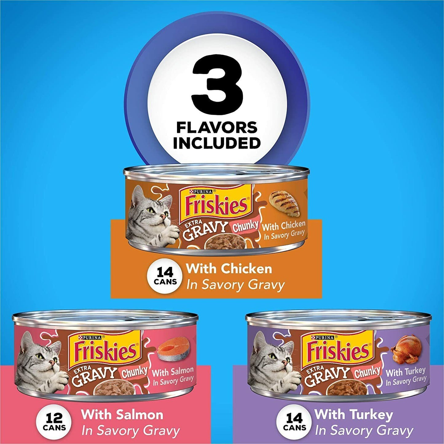 Friskies Extra Gravy Chunky Wet Cat Food Chicken Turkey Salmon 5.5 oz, 40 Cans