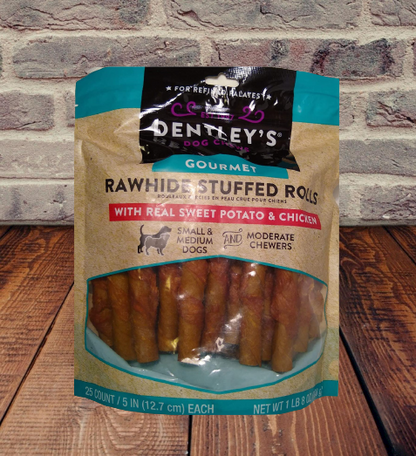 Dentley's Gourmet Rawhide Stuffed Rolls Dog Treats, Sweet Potato 10 or 25 ct